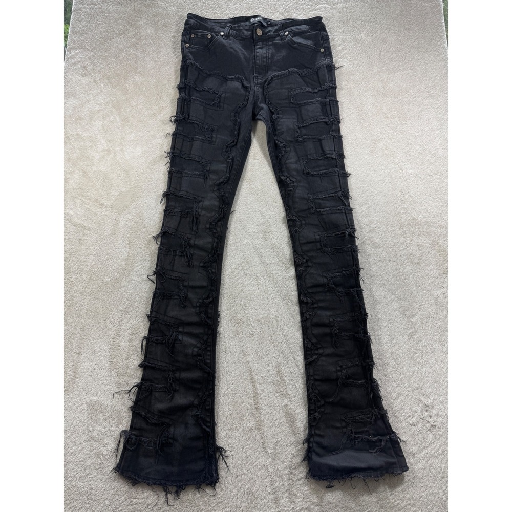 Guapi Mens Obsidian Distressed Flare Stacked Black Denim Jeans 32 Meas: 31x36.5